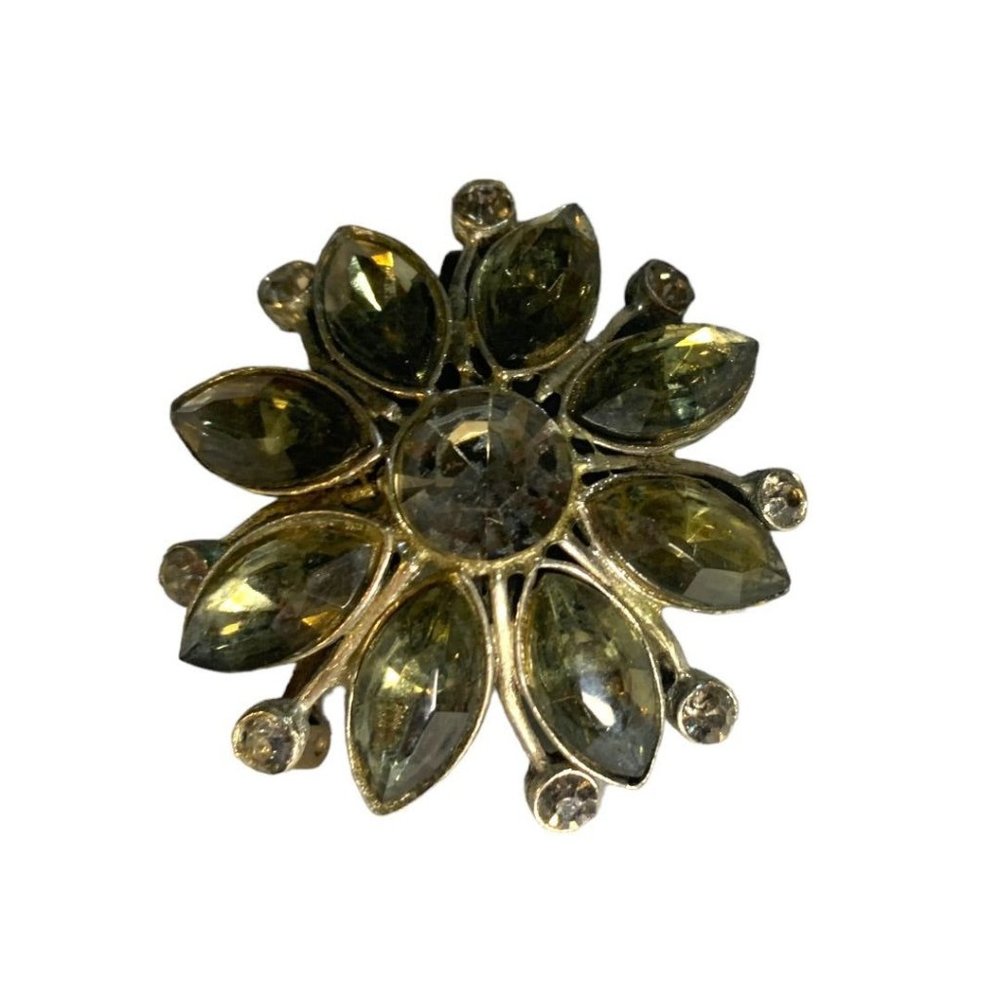 Vintage Gray Faceted Glass and Silvertone Floral Brooch 2" Diameter Pin